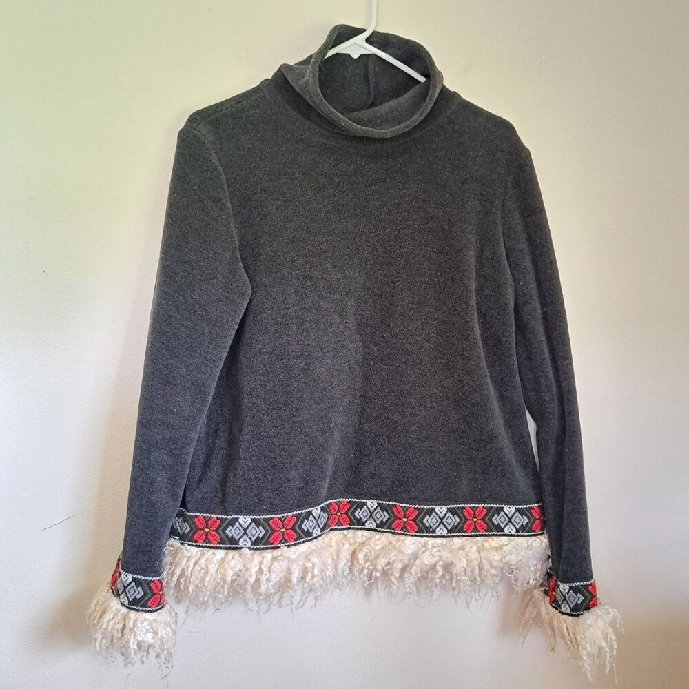 Fjall Sweater Womens M Gray Fair Isle Wool Blend Knit Fringe Nordic Apres Ski